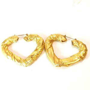 Vintage 1980s Metallic Gold Fabric Heart Hoop Fashion Earrings Large Bold
